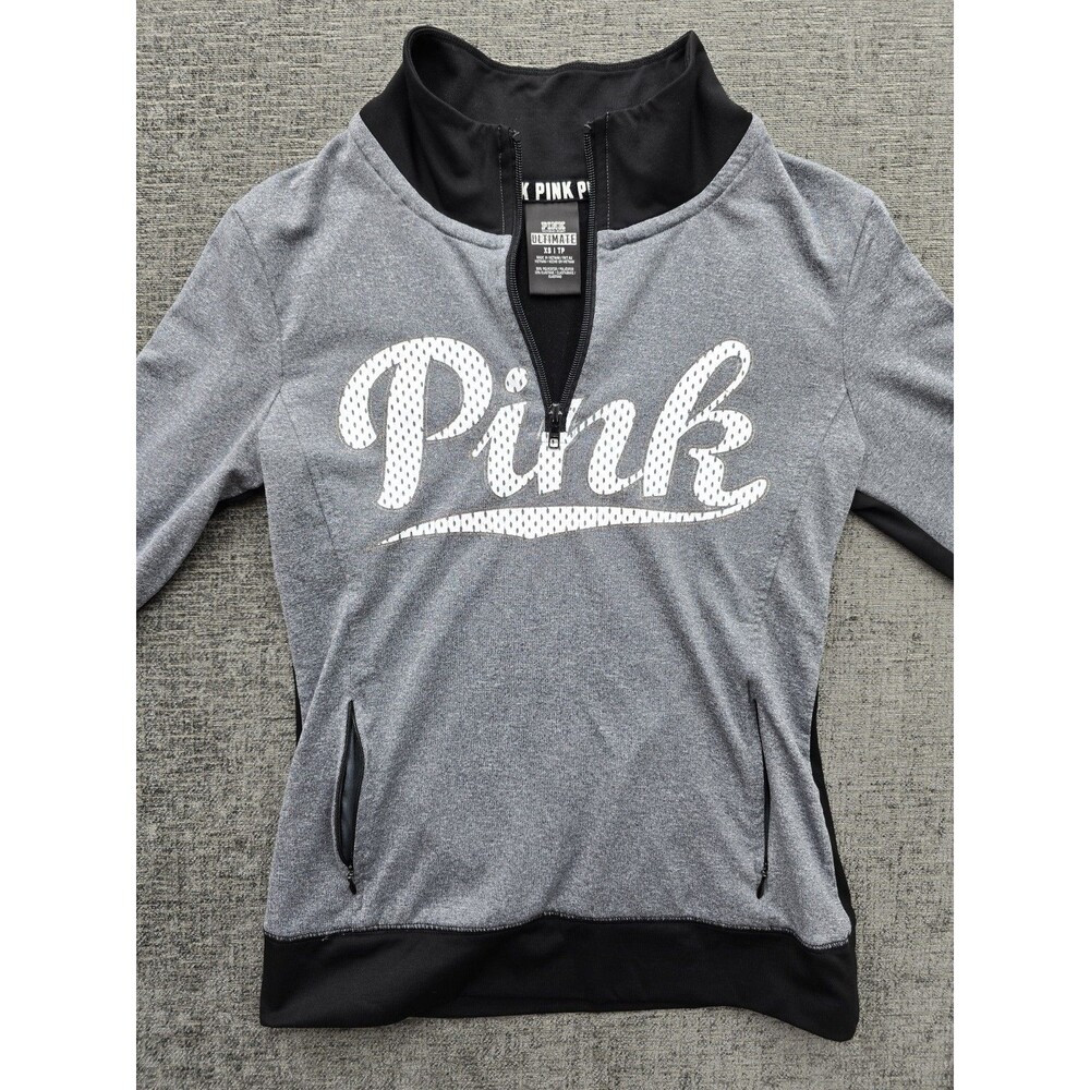 Victorias Secret PINK Gray/Black  Oversized Logo Front 1/4 Zip Sweatshirt XS